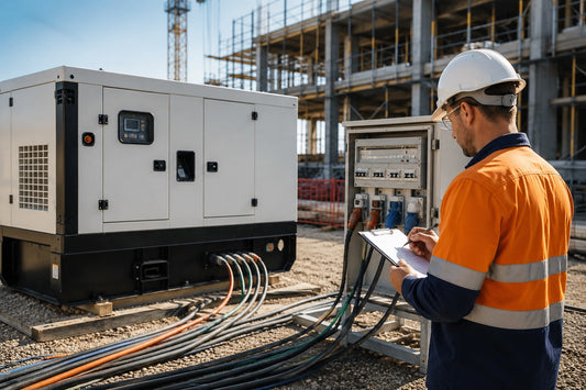 Electrician inspecting a diesel generator and power distribution board on a commercial construction site