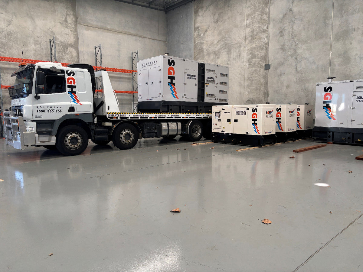 SGH delivery truck and rental generators inside the Perth depot warehouse.
